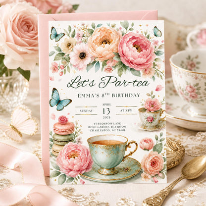 Editable Tea Party Birthday Invitation, Par-tea Invitation, Girl Par-tea Invite, Pink Gold Whimsical Tea Party, Canva Template __etsy:7976884122