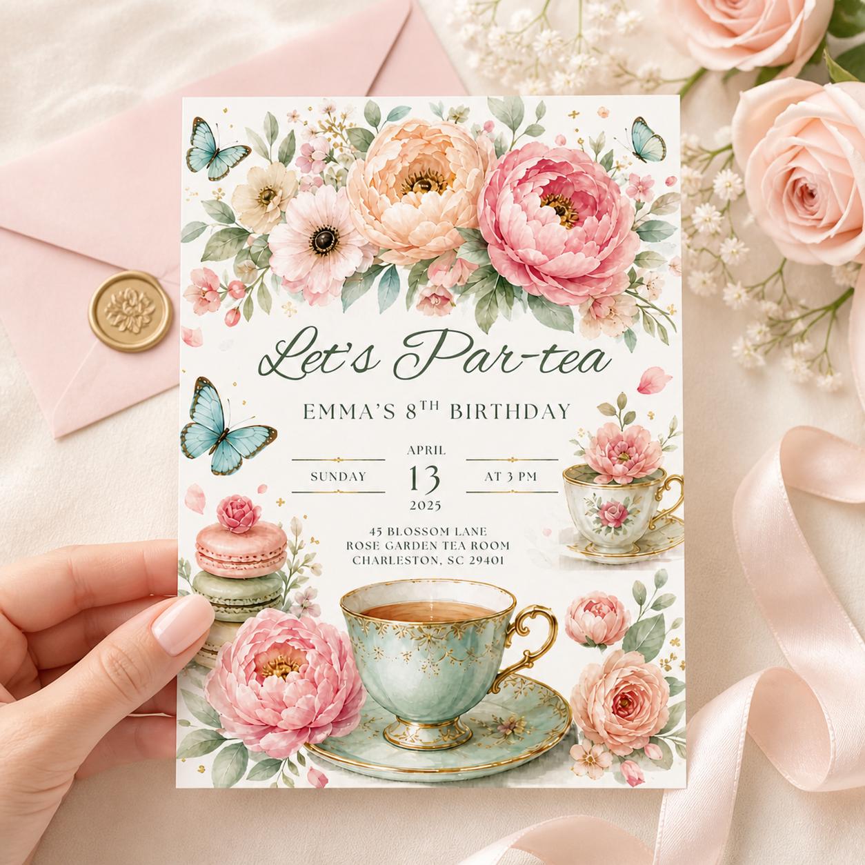 Editable Tea Party Birthday Invitation, Par-tea Invitation, Girl Par-tea Invite, Pink Gold Whimsical Tea Party, Canva Template __etsy:8024838271
