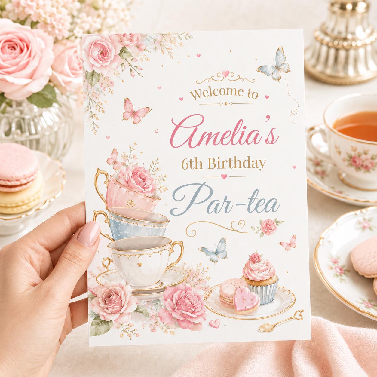 Editable Tea Party Birthday Invitation, Par-tea Invitation, Girl Par-tea Invite, Pink Gold Whimsical Tea Party, Canva Template __etsy:8060070051