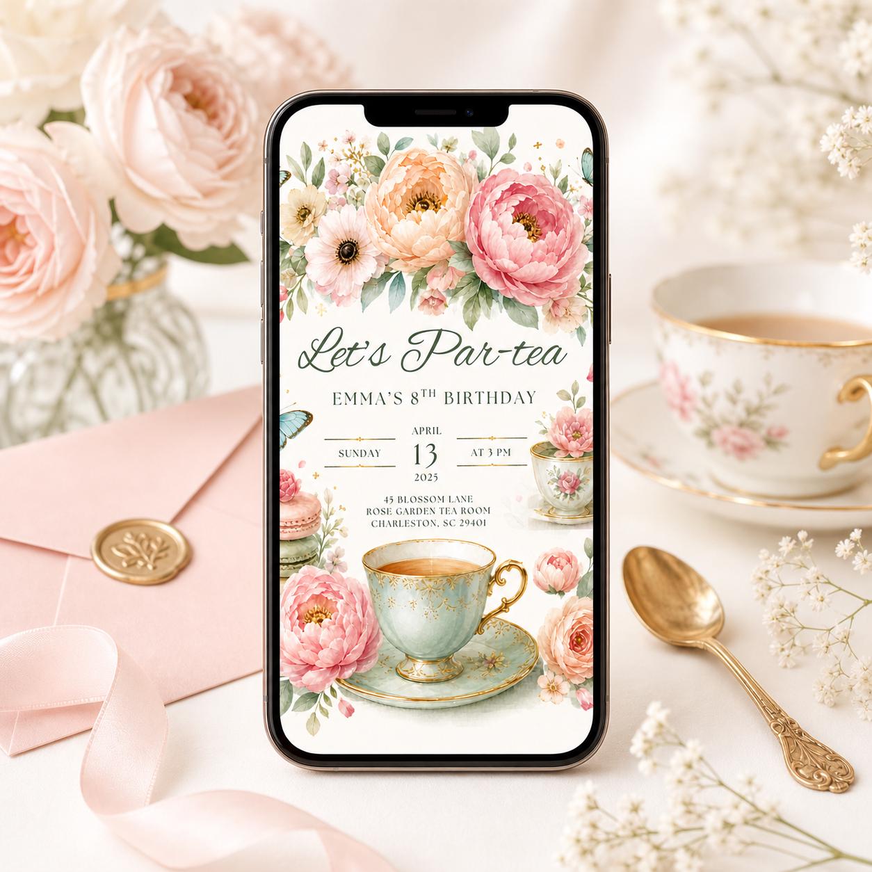 Editable Tea Party Birthday Invitation, Par-tea Invitation, Girl Par-tea Invite, Pink Gold Whimsical Tea Party, Canva Template __etsy:7976884364