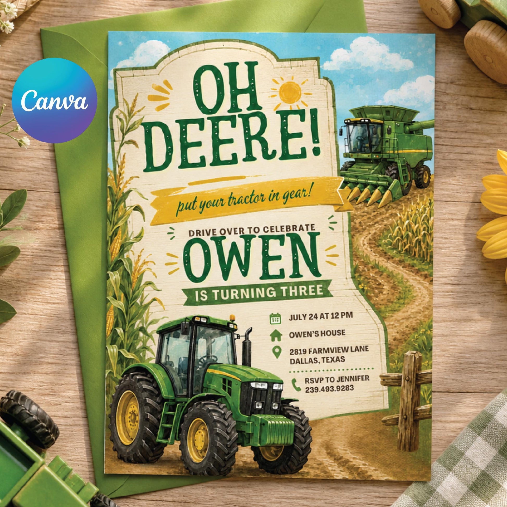 Editable Tractor Birthday Invitation, Green Tractor Ranch Party Invite For Boy Girl Printable Tractor Farm Kid Birthday Evite Canva Template __etsy:8018515012
