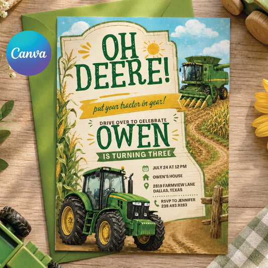 Editable Tractor Birthday Invitation, Green Tractor Ranch Party Invite For Boy Girl Printable Tractor Farm Kid Birthday Evite Canva Template __etsy:8018515012