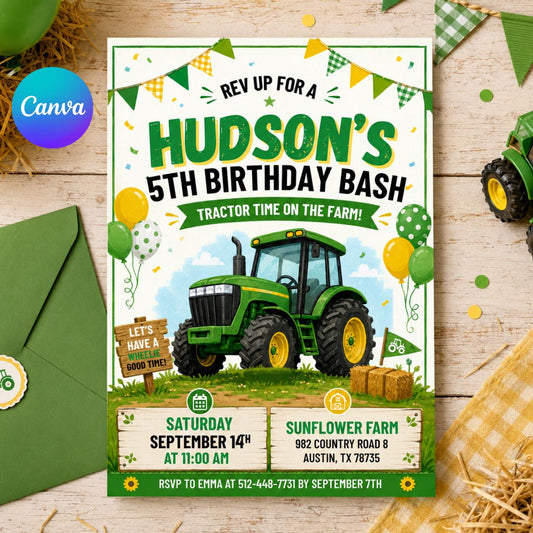 Editable Tractor Birthday Invitation, Green Tractor Ranch Party Invite For Boy Girl Printable Tractor Farm Kid Birthday Evite Canva Template __etsy:8030517918