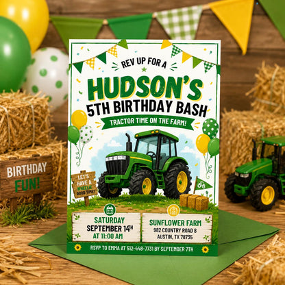 Editable Tractor Birthday Invitation, Green Tractor Ranch Party Invite For Boy Girl Printable Tractor Farm Kid Birthday Evite Canva Template __etsy:8078421867