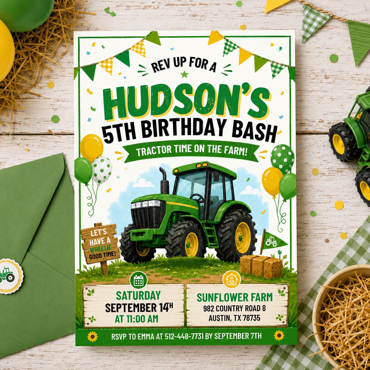 Editable Tractor Birthday Invitation, Green Tractor Ranch Party Invite For Boy Girl Printable Tractor Farm Kid Birthday Evite Canva Template __etsy:8030514118