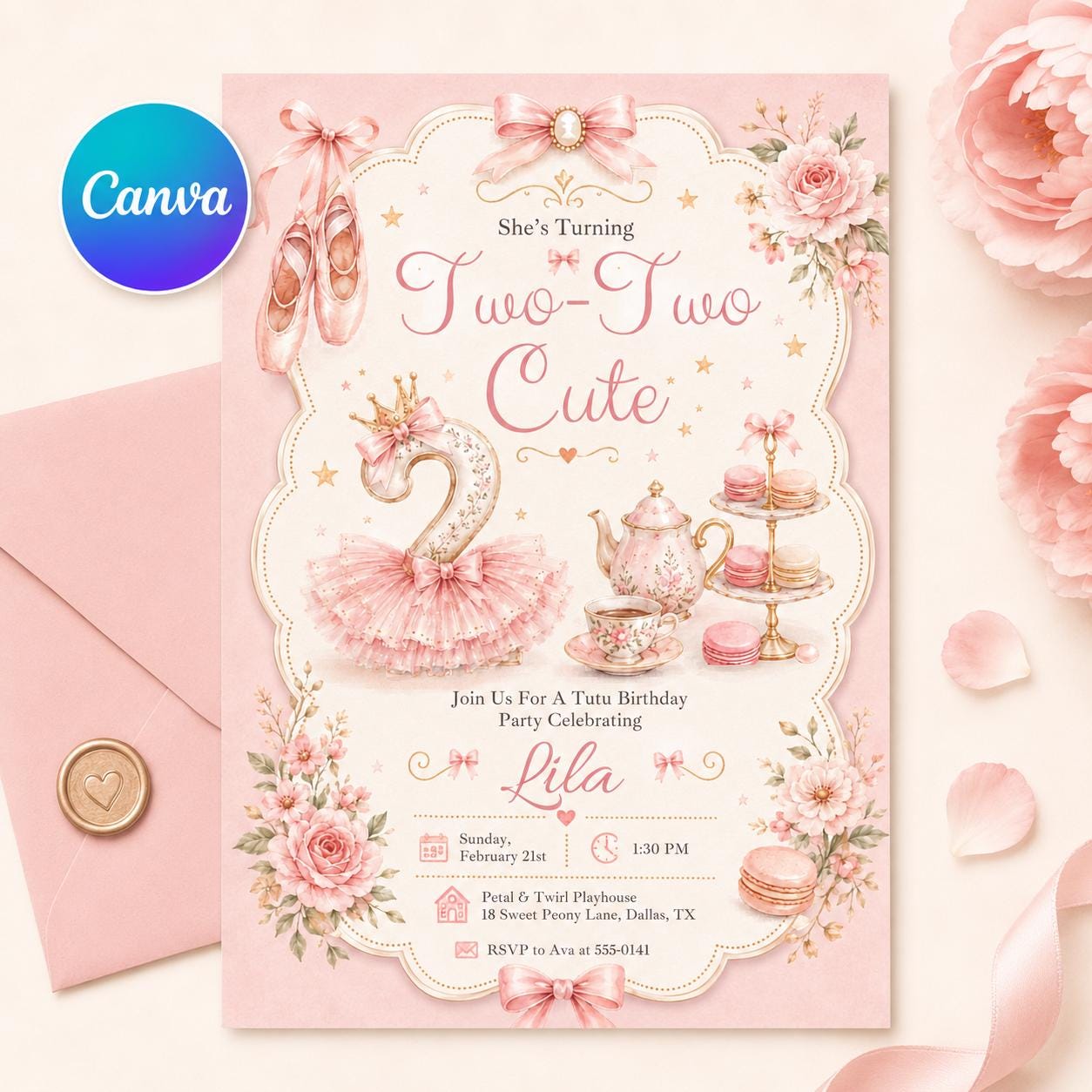 Editable Tutu Birthday Invitation Template, Two Cute Birthday invite, Girl Second Birthday invitation, 2nd Birthday invite, Canva Template __etsy:8074228502