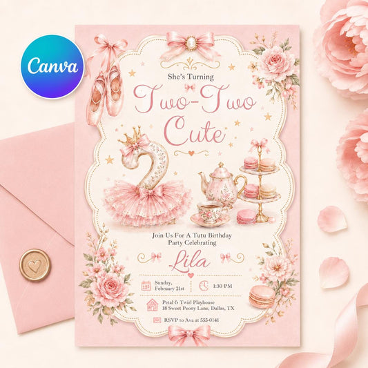 Editable Tutu Birthday Invitation Template, Two Cute Birthday invite, Girl Second Birthday invitation, 2nd Birthday invite, Canva Template __etsy:8074228502