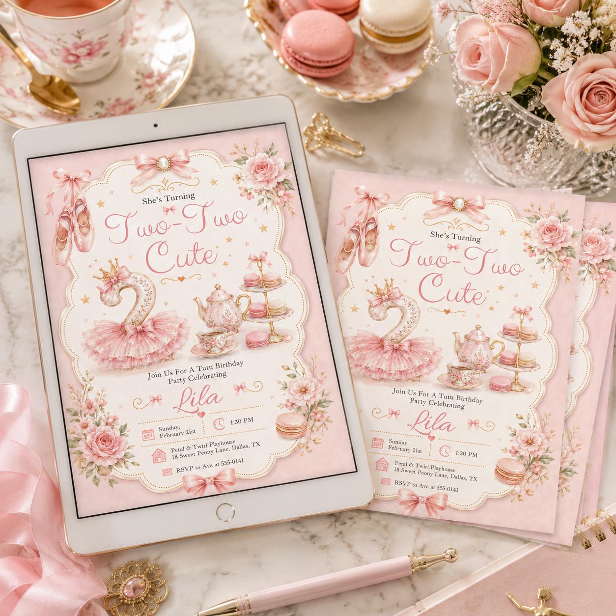 Editable Tutu Birthday Invitation Template, Two Cute Birthday invite, Girl Second Birthday invitation, 2nd Birthday invite, Canva Template __etsy:8122146739