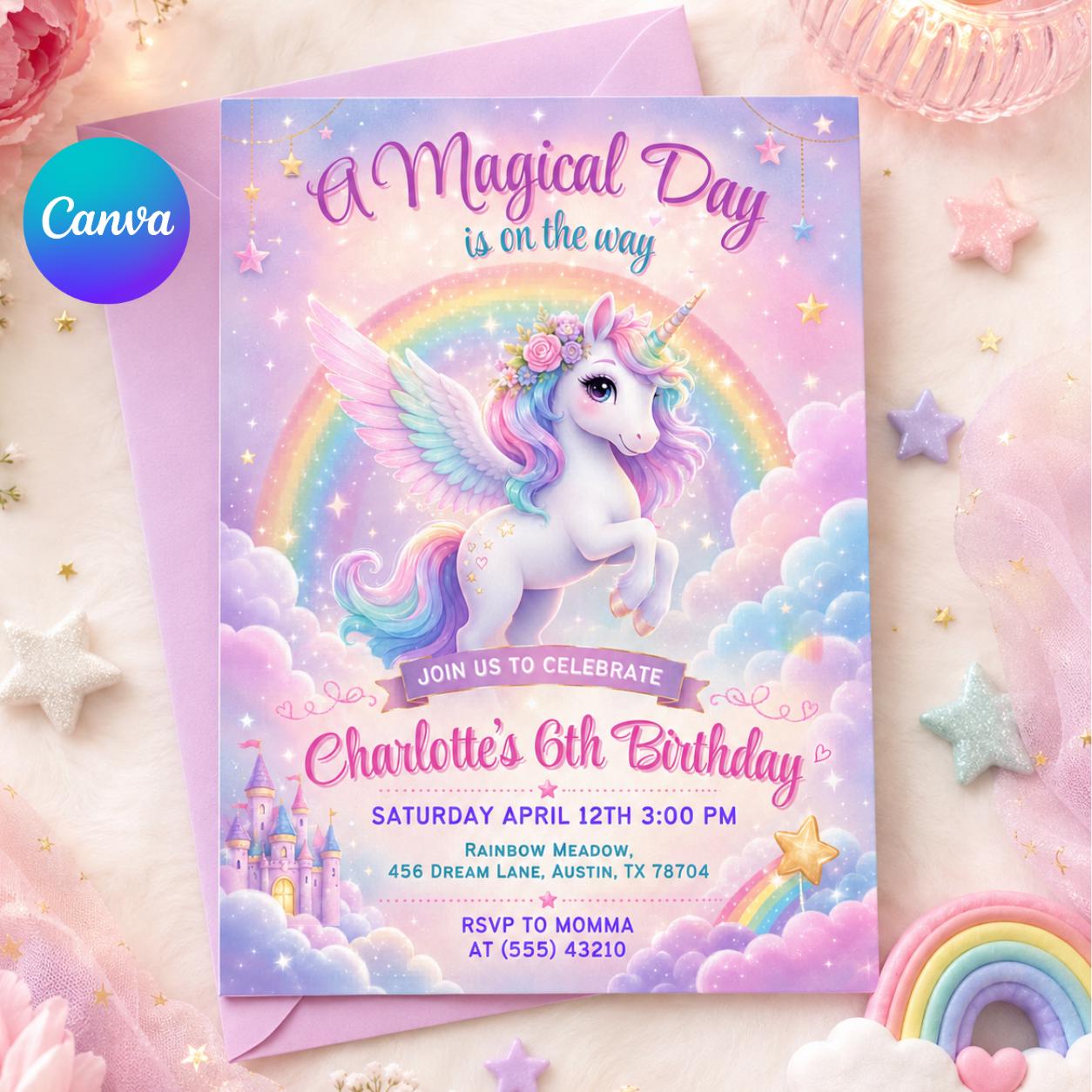 Editable Unicorn Birthday Invitation Magical Pastel Rainbow Unicorn Birthday Party Whimsical Fairytale Unicorn Princess Canva Template __etsy:8076849763