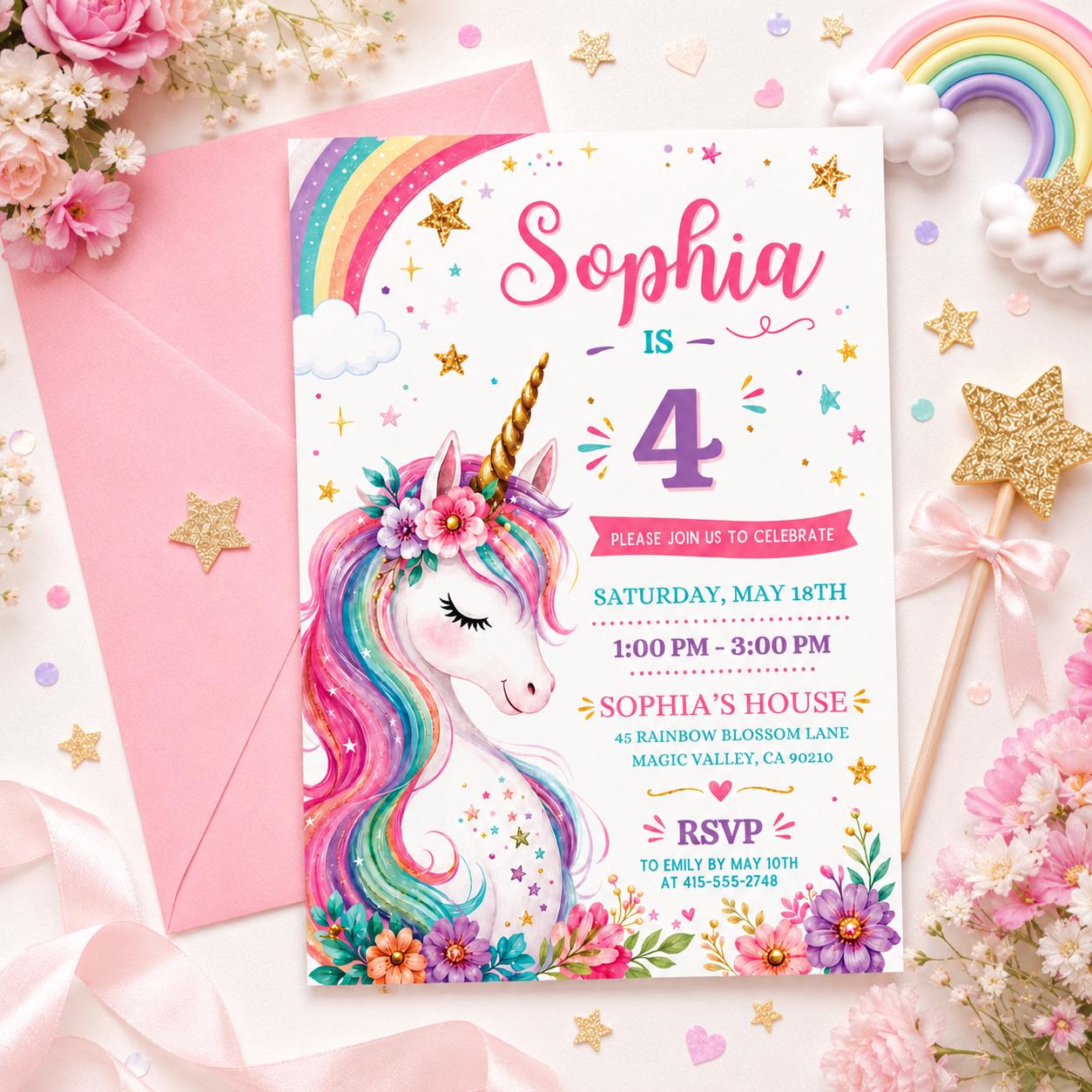 Editable Unicorn Birthday Invitation Magical Pastel Rainbow Unicorn Birthday Party Whimsical Fairytale Unicorn Princess Canva Template __etsy:8026162012