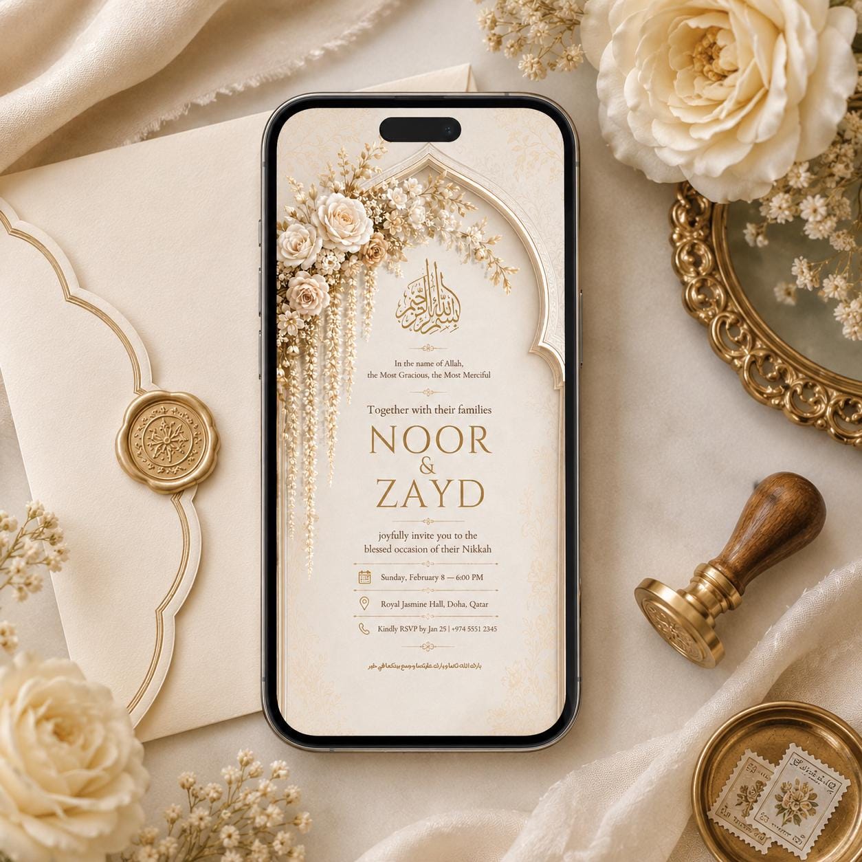 Editable Wedding Invitation Template, Islamic Floral Design, Elegant Islamic Wedding Invitation, Arabic Calligraphy Canva Template __etsy:8024401508
