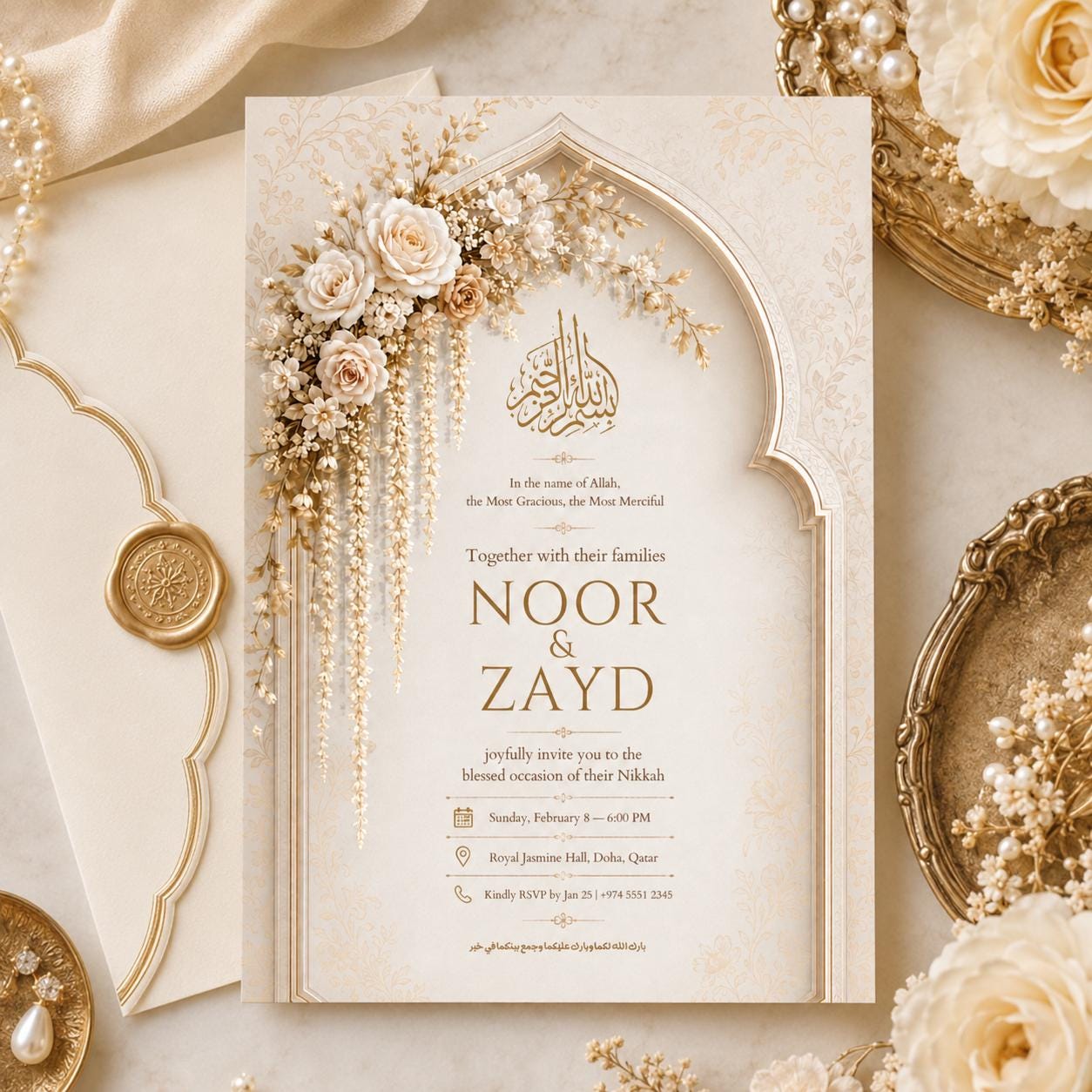 Editable Wedding Invitation Template, Islamic Floral Design, Elegant Islamic Wedding Invitation, Arabic Calligraphy Canva Template __etsy:8072311525