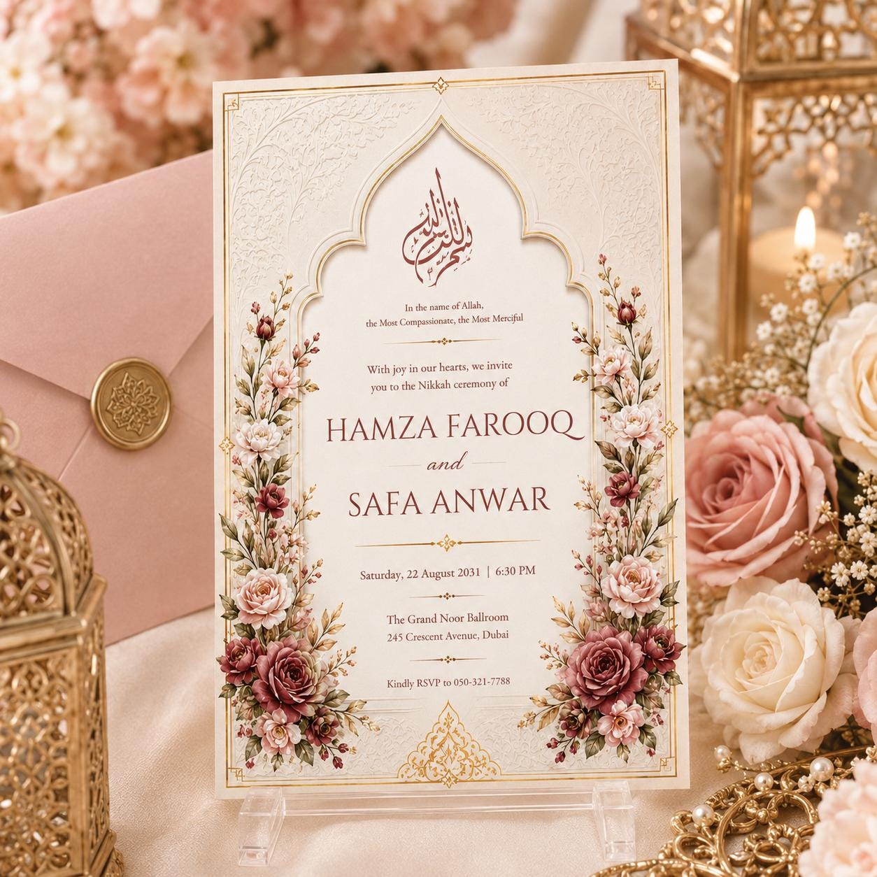 Editable Wedding Invitation Template, Islamic Floral Design, Elegant Islamic Wedding Invitation, Arabic Calligraphy Canva Template __etsy:8024450352