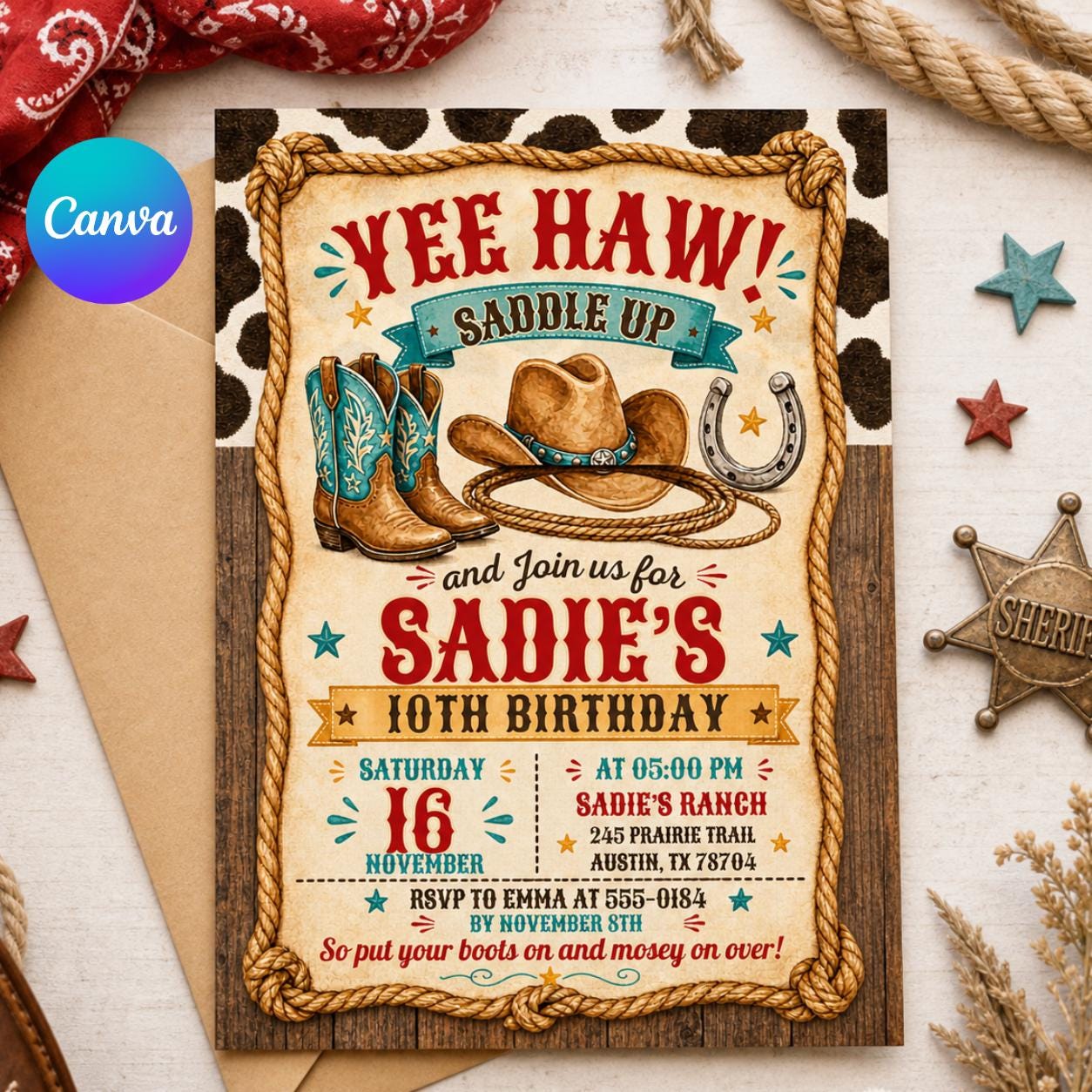 Editable Western Cowgirl Birthday Invitation, Yee Haw Invite, Saddle Up And Put Your Boots On, Western Cowgirl Invitation, Yee Haw Invite __etsy:8035908089