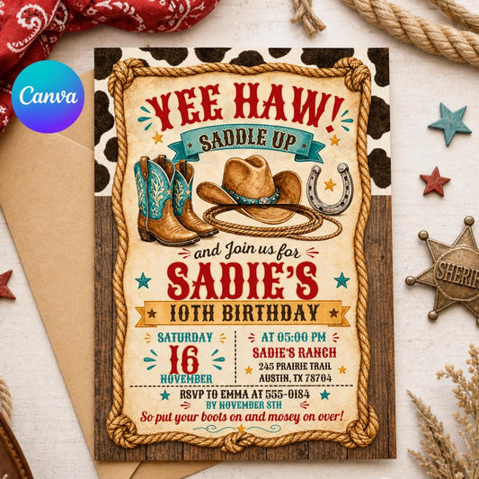 Editable Western Cowgirl Birthday Invitation, Yee Haw Invite, Saddle Up And Put Your Boots On, Western Cowgirl Invitation, Yee Haw Invite __etsy:8035908089