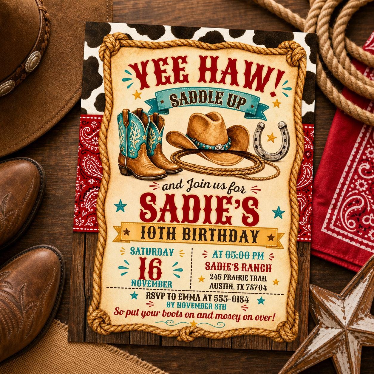Editable Western Cowgirl Birthday Invitation, Yee Haw Invite, Saddle Up And Put Your Boots On, Western Cowgirl Invitation, Yee Haw Invite __etsy:8032022989