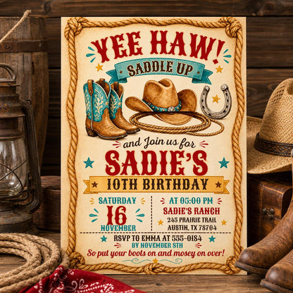 Editable Western Cowgirl Birthday Invitation, Yee Haw Invite, Saddle Up And Put Your Boots On, Western Cowgirl Invitation, Yee Haw Invite __etsy:8032022965