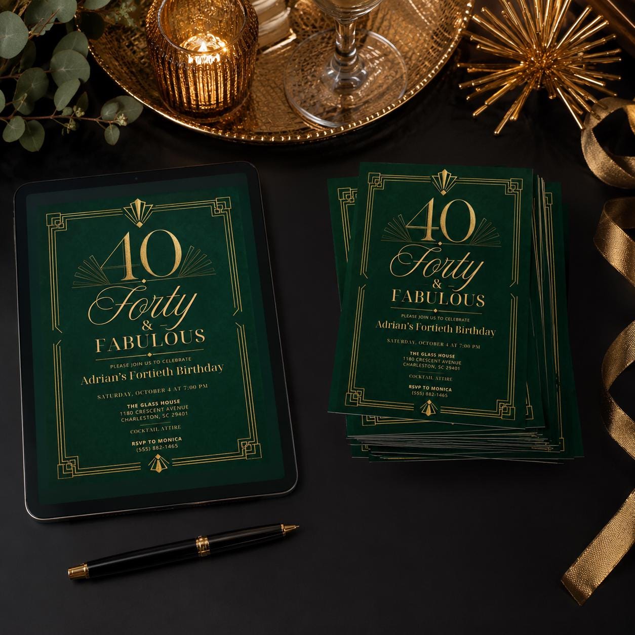 Editable 40th Birthday Invitation Template: Forty Design, 40th Gold Birthday Evite, 40Th Birthday Invite Black Gold 40th Birthday Invitation __etsy:8097265827