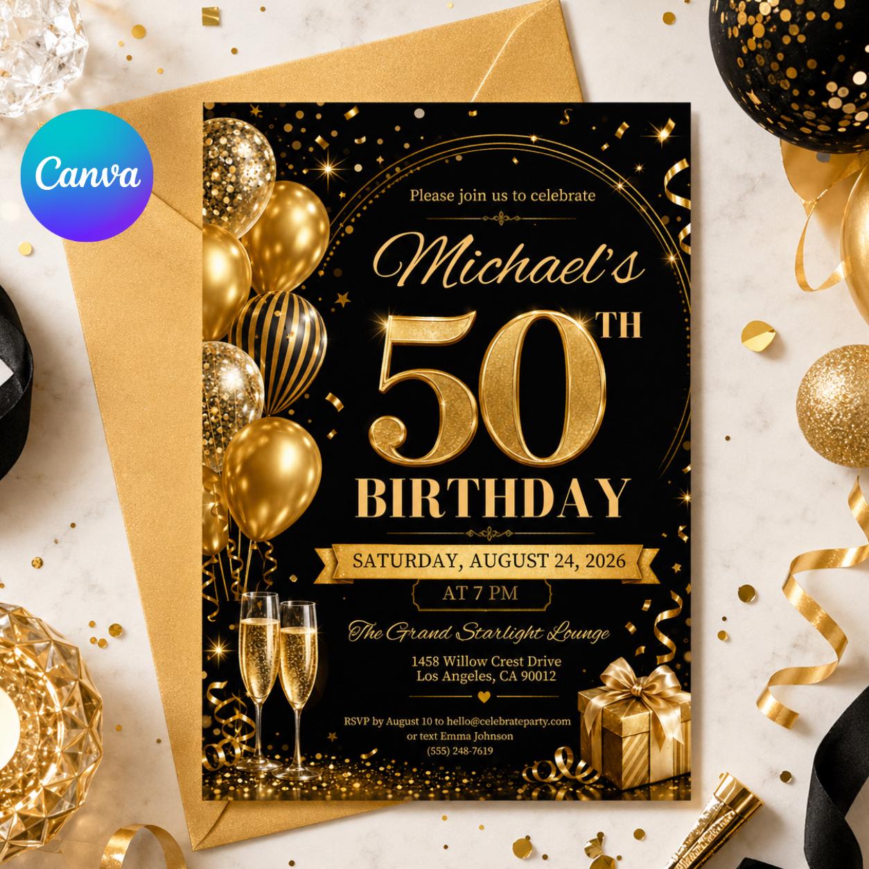 Editable 50th Birthday Invitation Template, Gold Black Party, Elegant Black & Gold Birthday Party Invitation, 50th, Canva Template __etsy:8045101507