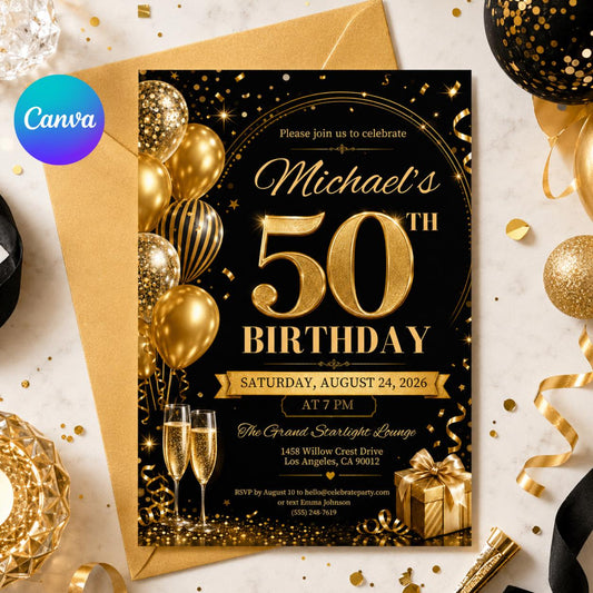 Editable 50th Birthday Invitation Template, Gold Black Party, Elegant Black & Gold Birthday Party Invitation, 50th, Canva Template __etsy:8045101507