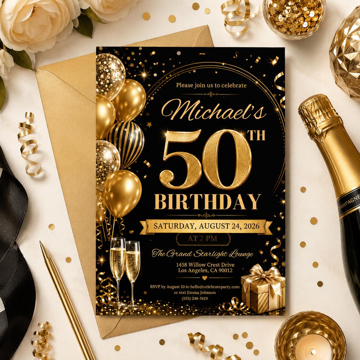 Editable 50th Birthday Invitation Template, Gold Black Party, Elegant Black & Gold Birthday Party Invitation, 50th, Canva Template __etsy:8045101511