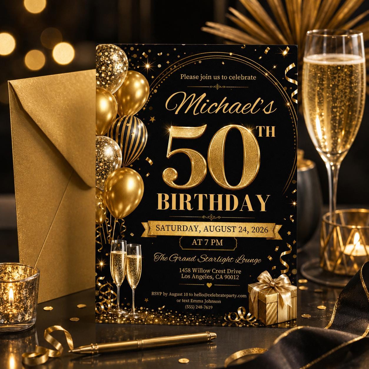 Editable 50th Birthday Invitation Template, Gold Black Party, Elegant Black & Gold Birthday Party Invitation, 50th, Canva Template __etsy:7997167238