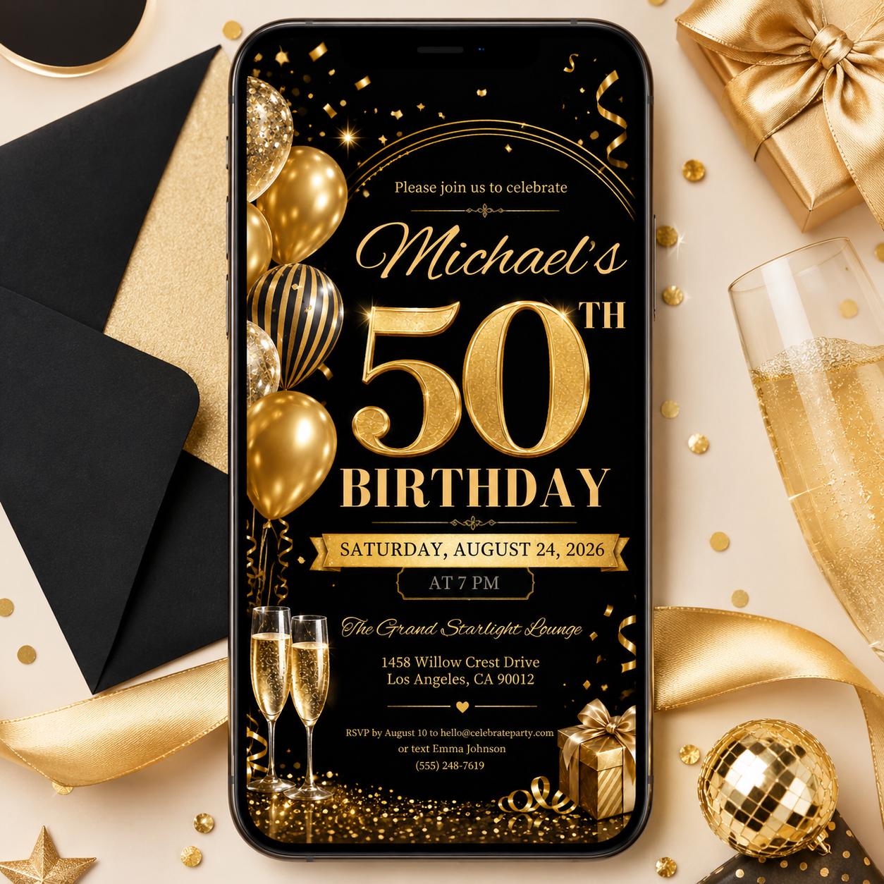 Editable 50th Birthday Invitation Template, Gold Black Party, Elegant Black & Gold Birthday Party Invitation, 50th, Canva Template __etsy:7997167250