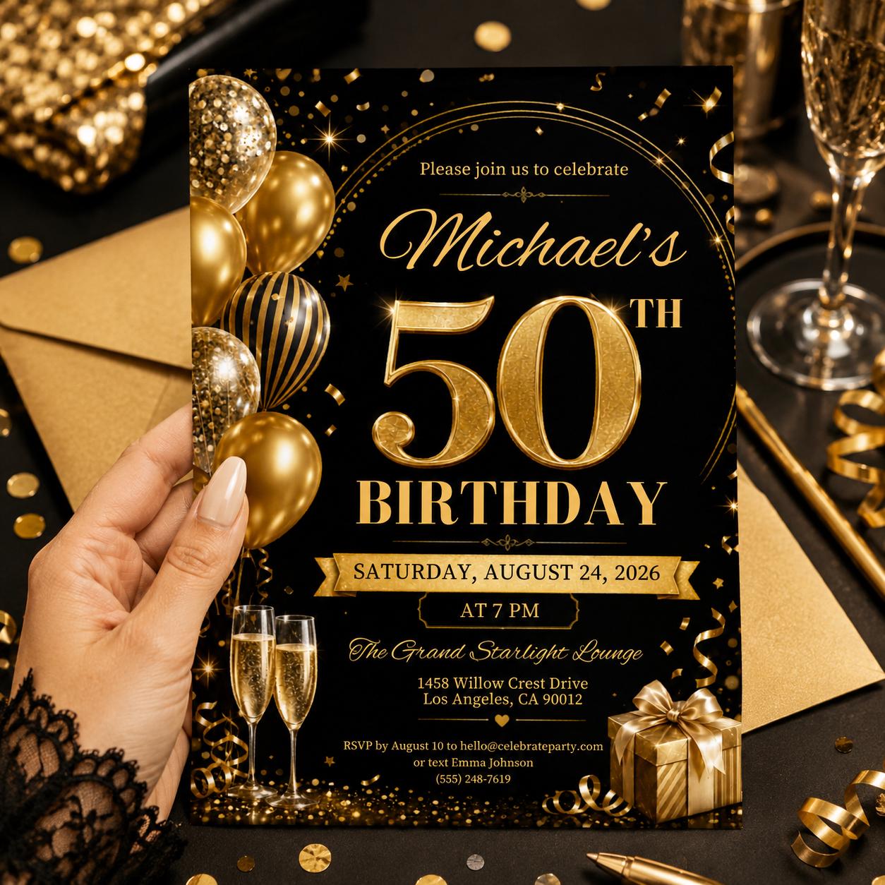 Editable 50th Birthday Invitation Template, Gold Black Party, Elegant Black & Gold Birthday Party Invitation, 50th, Canva Template __etsy:7997167244