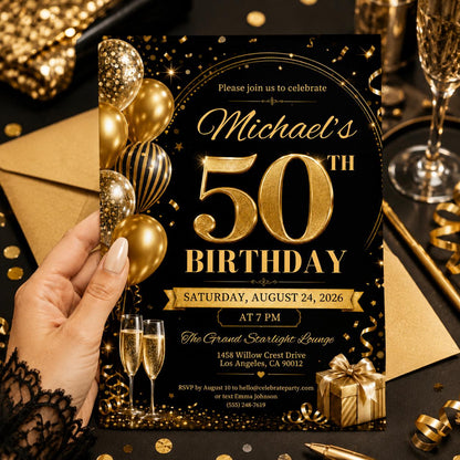 Editable 50th Birthday Invitation Template, Gold Black Party, Elegant Black & Gold Birthday Party Invitation, 50th, Canva Template __etsy:7997167244