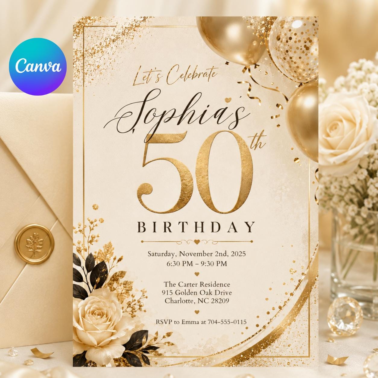 Editable 50th Birthday Invitation Template: Gold Floral Design (Digital Download) __etsy:8007028286
