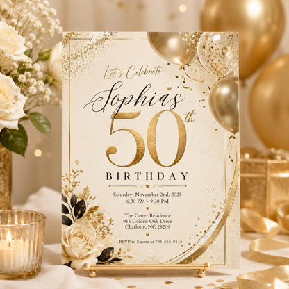 Editable 50th Birthday Invitation Template: Gold Floral Design (Digital Download) __etsy:8007023622