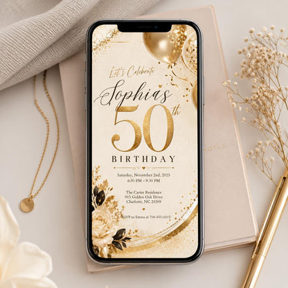 Editable 50th Birthday Invitation Template: Gold Floral Design (Digital Download) __etsy:8007023620