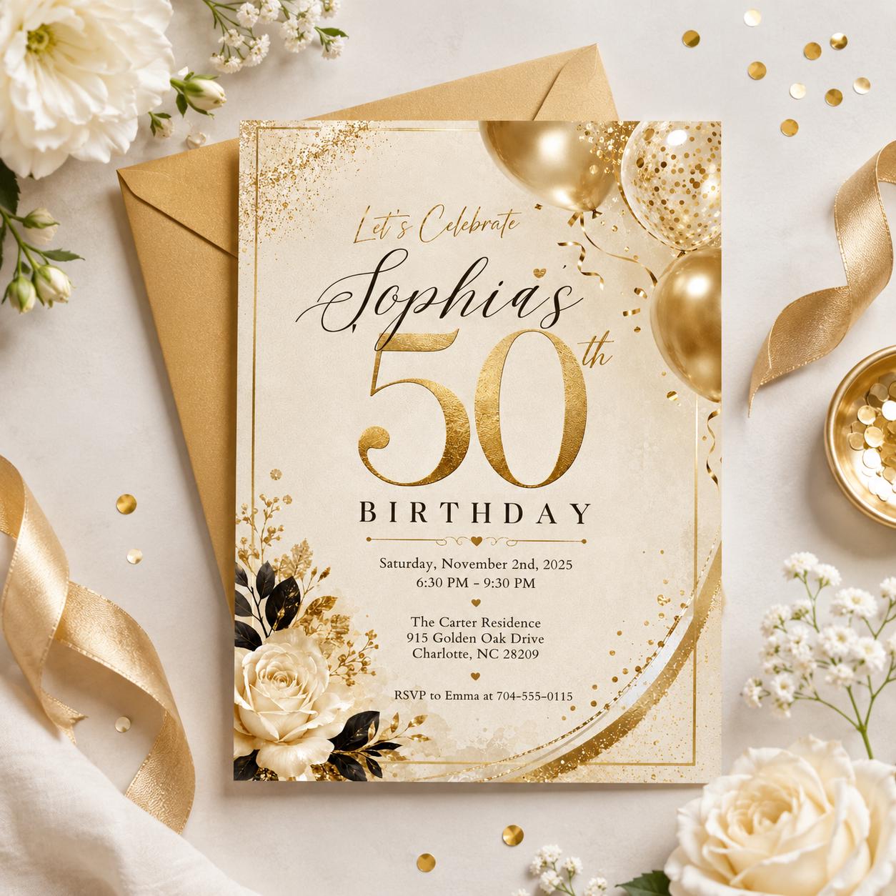 Editable 50th Birthday Invitation Template: Gold Floral Design (Digital Download) __etsy:8007023640