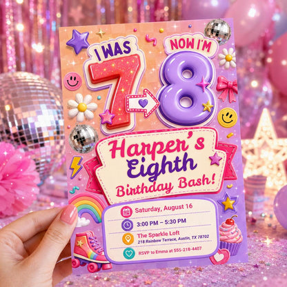 Editable 7th Birthday Invitation Template, I Was 6 Now I'm 7 girl Birthday Invitation, 67 Party Invite, six seven 7th Birthday coquette __etsy:8108175053