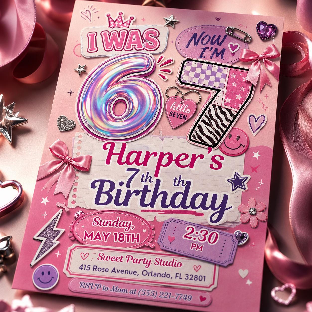 Editable 7th Birthday Invitation Template, I Was 6 Now I'm 7 girl Birthday Invitation, 67 Party Invite, six seven 7th Birthday coquette __etsy:8057514098