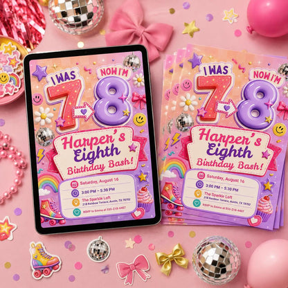 Editable 7th Birthday Invitation Template, I Was 6 Now I'm 7 girl Birthday Invitation, 67 Party Invite, six seven 7th Birthday coquette __etsy:8060262040