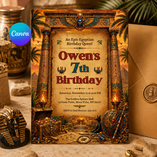 Egyptian Birthday Invitation Template, Editable Ancient Egypt Pharaoh Party Invite, Archaeology Quest, Mummy, Pyramid, Canva Template __etsy:8063074310