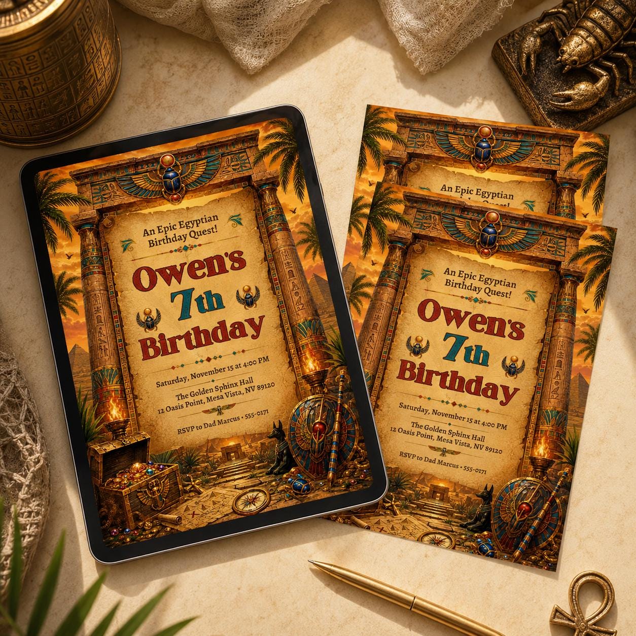 Egyptian Birthday Invitation Template, Editable Ancient Egypt Pharaoh Party Invite, Archaeology Quest, Mummy, Pyramid, Canva Template __etsy:8110991723