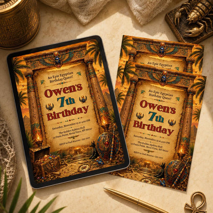 Egyptian Birthday Invitation Template, Editable Ancient Egypt Pharaoh Party Invite, Archaeology Quest, Mummy, Pyramid, Canva Template __etsy:8110991723