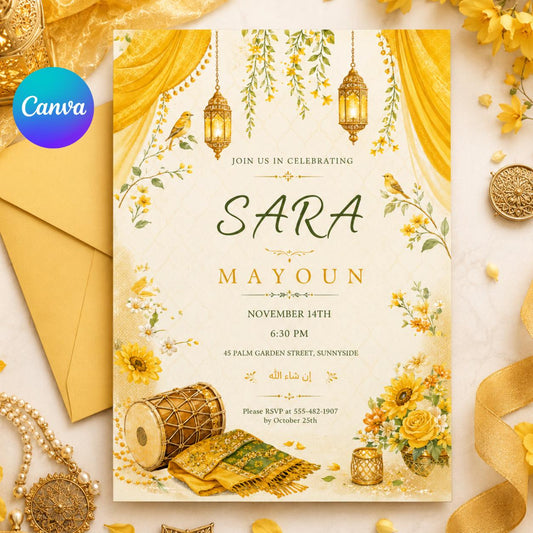 Elegant Floral Mayoun Invitation Template, Moroccan Mehndi Invite, Editable Event Card, Printable Wedding, Canva Template __etsy:8002345216
