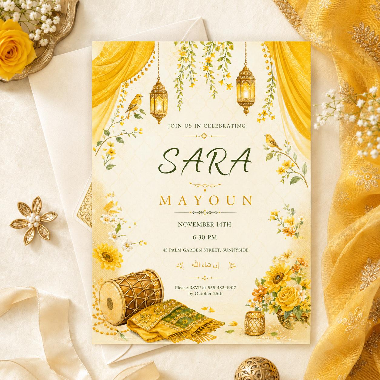 Elegant Floral Mayoun Invitation Template, Moroccan Mehndi Invite, Editable Event Card, Printable Wedding, Canva Template __etsy:8002342150