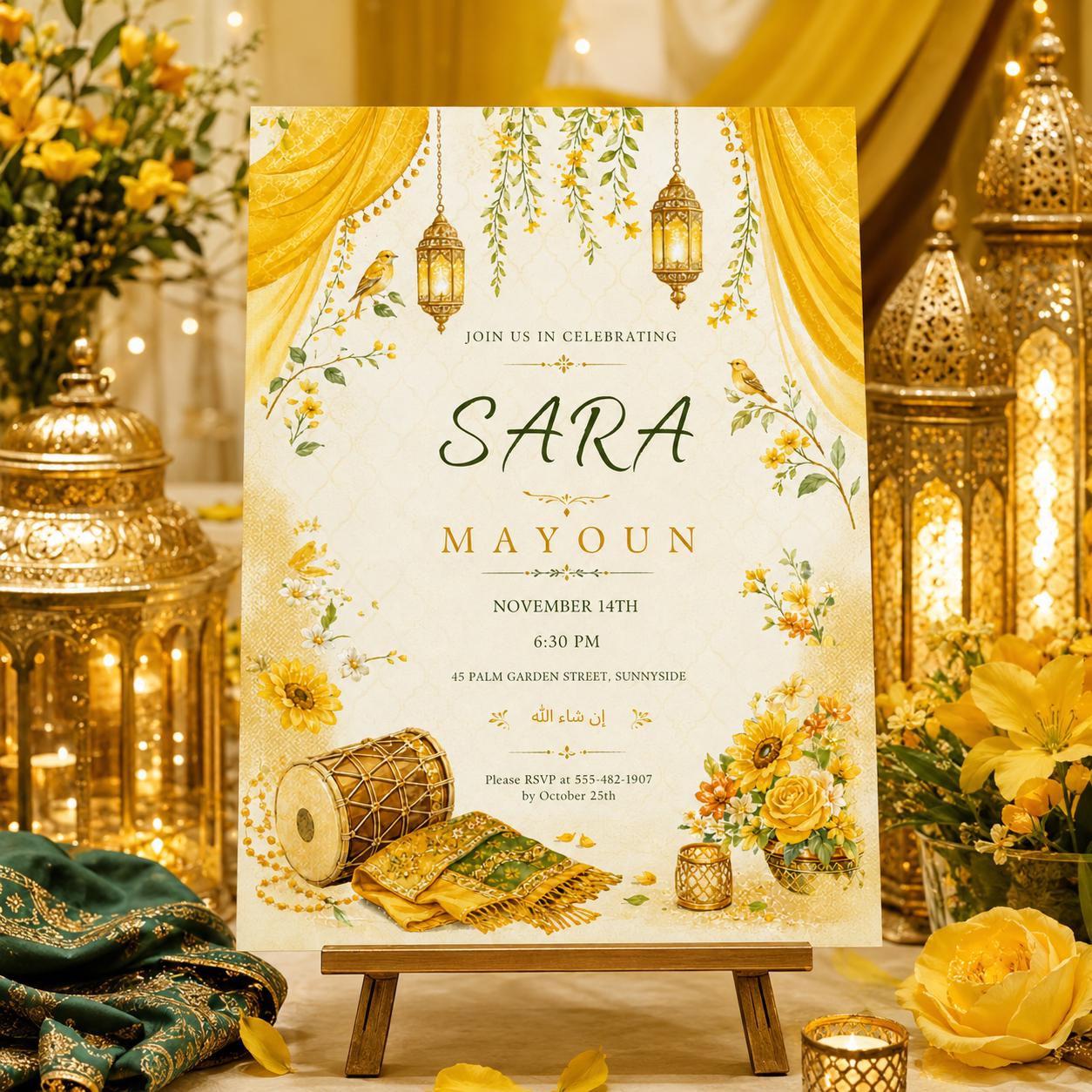 Elegant Floral Mayoun Invitation Template, Moroccan Mehndi Invite, Editable Event Card, Printable Wedding, Canva Template __etsy:8002342140