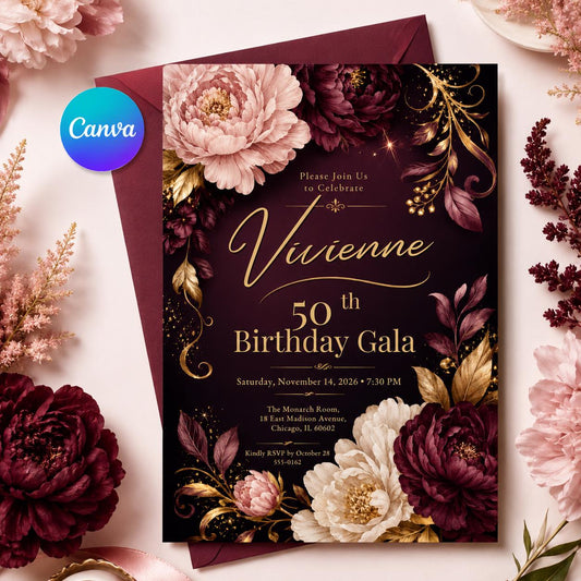 Elegant 50th Birthday Gala Invitation, Burgundy Gold Floral Canva Template, Editable Milestone Party Invite __etsy:8124095936