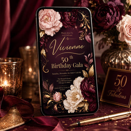 Elegant 50th Birthday Gala Invitation, Burgundy Gold Floral Canva Template, Editable Milestone Party Invite __etsy:8172005475