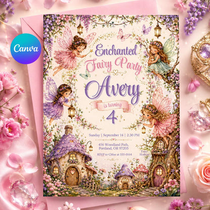 Enchanted Fairy Birthday Invitation, Editable Fairy Garden Party Invite, Girl 4th Birthday Woodland Fairies Template, Printable Digital __etsy:8177614413