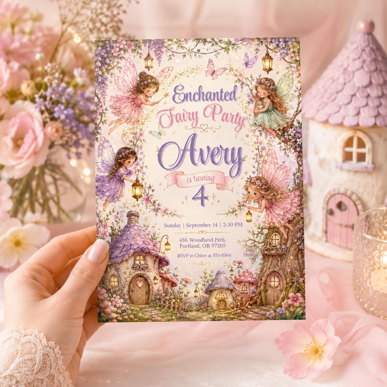 Enchanted Fairy Birthday Invitation, Editable Fairy Garden Party Invite, Girl 4th Birthday Woodland Fairies Template, Printable Digital __etsy:8129717468