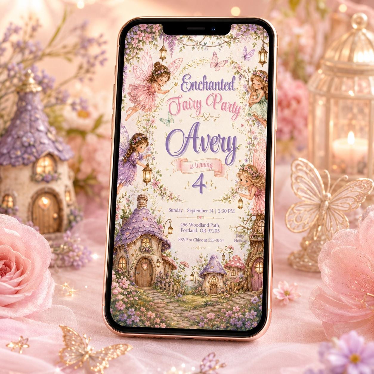Enchanted Fairy Birthday Invitation, Editable Fairy Garden Party Invite, Girl 4th Birthday Woodland Fairies Template, Printable Digital __etsy:8177614657