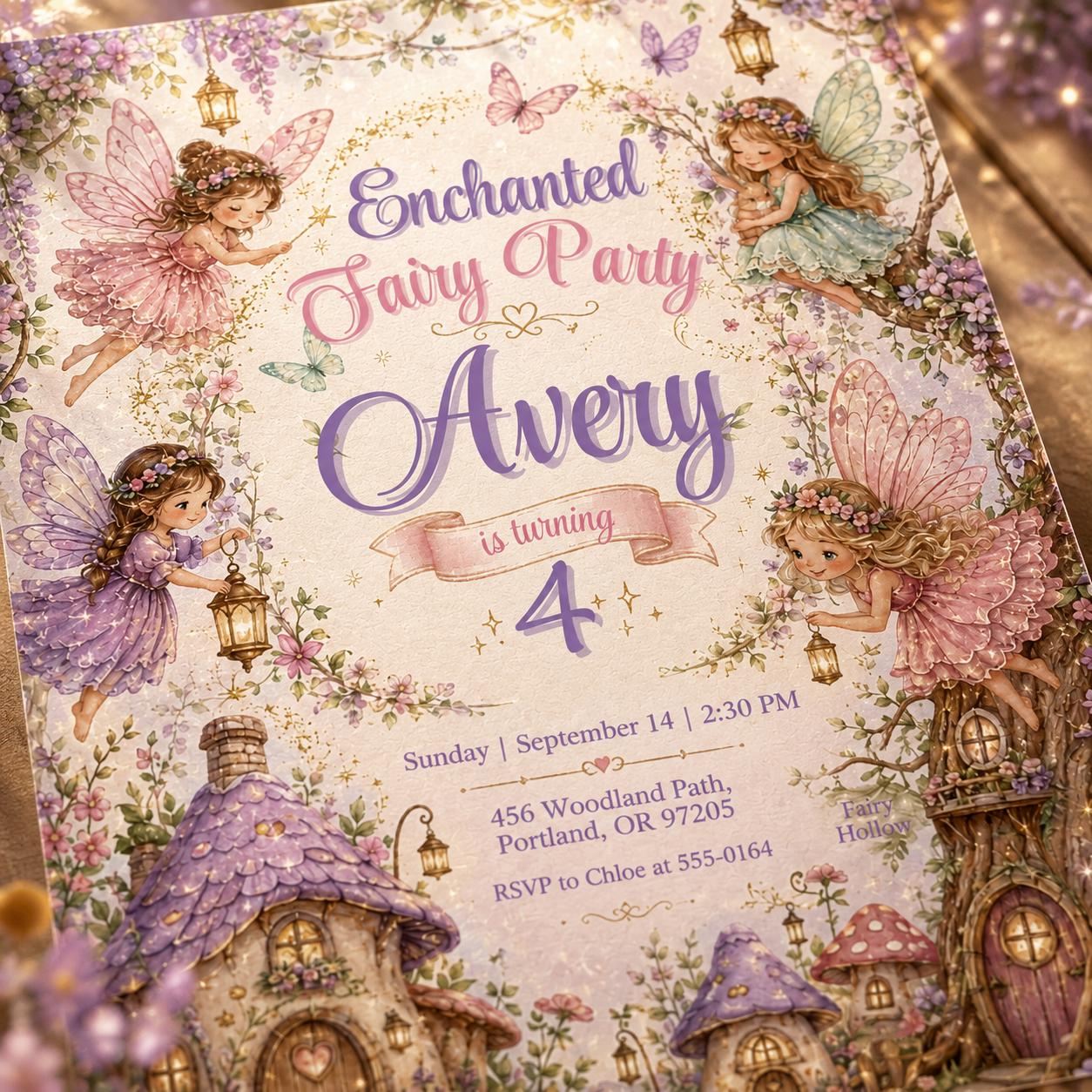 Enchanted Fairy Birthday Invitation, Editable Fairy Garden Party Invite, Girl 4th Birthday Woodland Fairies Template, Printable Digital __etsy:8129717484