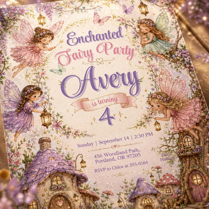 Enchanted Fairy Birthday Invitation, Editable Fairy Garden Party Invite, Girl 4th Birthday Woodland Fairies Template, Printable Digital __etsy:8129717484