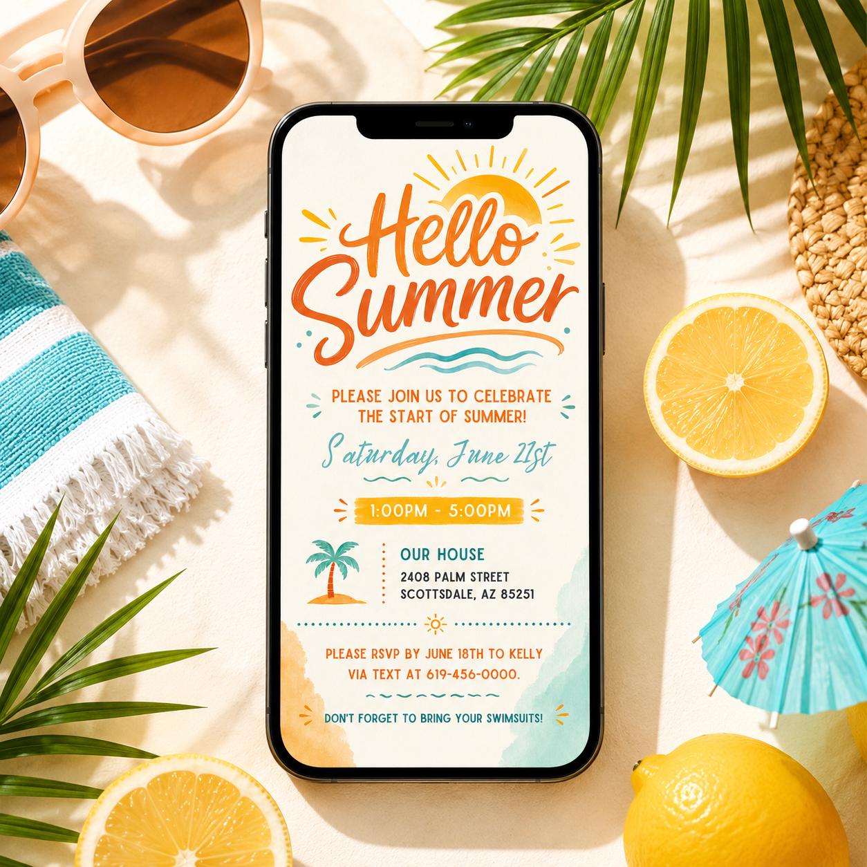 End of School Party Invitation, Hello Summer, Sunshine, Editable Canva Invitation Template __etsy:8027265370